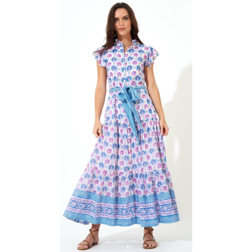 Oliphant Ruffle Collar Button Maxi Midi Dress Cotton Tie Waist Tuckernuck XL
